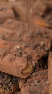 Çiğnenmiş çikolata parçacıkları dönen fındık çikolatalarının üzerine dökülüyor, dikey ağır çekimde.