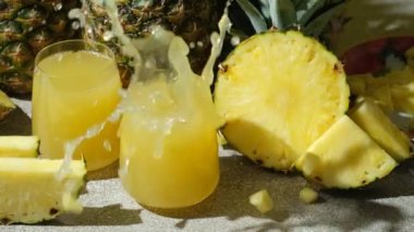 Taze ananas parçaları ananas suyuna düşer, meyve suyu yavaş çekimde sıçrar.