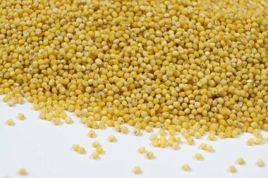 Pişmemiş organik darı tanecikleri yakın plan.