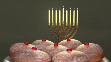 Geleneksel Hanuka sembolleri, Hanuka menorası ve Yahudi çörekleri sufganiyah..