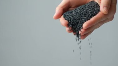 Siyah susam döken eller yavaş çekimde, metin için yer.