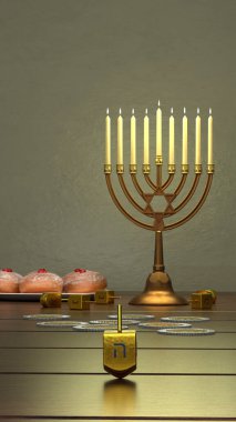 Hanukkah üzerinde dönen dreidel, dikey 3d illüstrasyon.