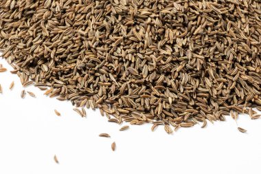 Kurutulmuş Kimyon Tohumları Beyaz Üst Görünümde Yakın Çekim Mutfak Malzemesi.