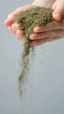 Eller baharat döker tuzlu, dikey ağır çekimde.