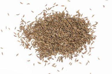 Kurutulmuş Kimyon Tohumları Beyaz Üst Görünümde Yakın Çekim Mutfak Malzemesi.