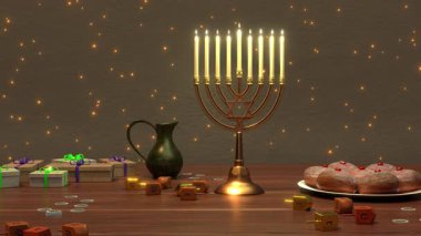 Hanukkah için sakin bir arka plan, menorah ve bokeh üzerine mumlar.