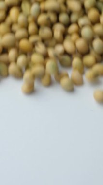 Beyaz arka planda çiğ soya fasulyesi, dikey yavaş çekim