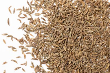 Kurutulmuş Kimyon Tohumları Beyaz Üst Görünümde Yakın Çekim Mutfak Malzemesi.