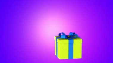 Mavi Kurdeleli Sarı Hediye Kutusu, Açık Lid, Parlak Mor Arkaplan. 3B Canlandırma.