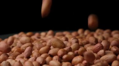Çiğ, kurutulmuş fıstık çekirdekleri dökülüyor, yakın çekim, yavaş çekim..