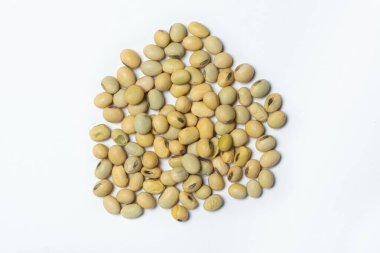 Beyaz arka planda organik çiğ soya fasulyesi yakın plan vegan süper yiyeceği..