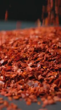 Ezilmiş Kurutulmuş Chili Serpintisi Yığın, Kara Arkaplan, Makro, Dikey Yavaş Hareket.