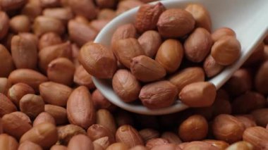 Kahverengi kabuklu çiğ fıstık çekirdekleri yakın plan kaşıkta.