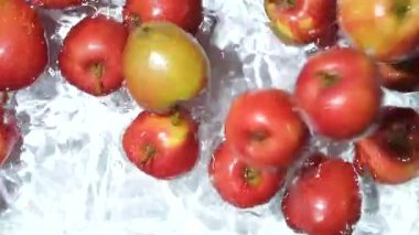 Yavaş hareket eden elmalar suya düşüyor. Biraz su, üst manzara..