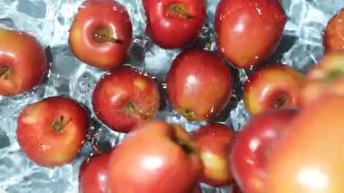 Bütün kırmızı elmalar suya düşüyor, su sıçrıyor, yavaş çekim.