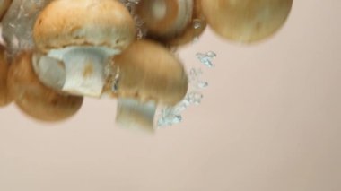 Taze yıkanmış Cremini Mantarlar Yavaş Çekimde Suya Düşüyor