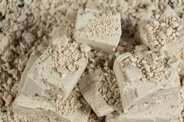 Sıkıştırılmış taze maya küplerinin makro dokusu.