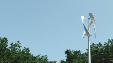 Rüzgar jeneratörü, mavi gökyüzü, metin için yer, 3D illüstrasyon.