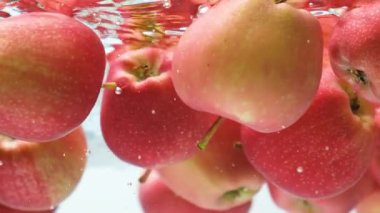 Elmalar suya düşüyor. Yavaş Hareket Meyve Sahnesi