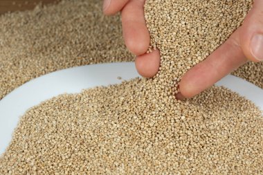 Beyaz kinoa tohumları dökülüyor. Sağlıklı Süper yiyecek dokusu