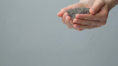 Eller Chia tohumlarını yavaş çekimde döker. Organik süper gıda bileşeni.