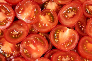 Sulu Domates Halkalarının Üst Manzarası. Canlı Gıda Dokuları Arkaplanı