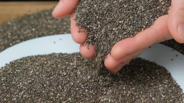 Chia tohumları yavaş çekimde dökülüyor. Organik süper gıda bileşeni