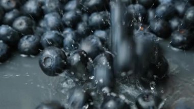 Taze yaban mersinleri suya dökülüyor. Su makro yavaş çekim sıçraması ile..