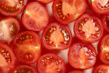 Olgun vişneli domatesli Macro Top View. Doğal Gıda dokusu