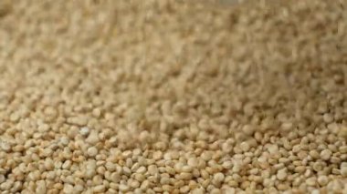 Beyaz kinoa kaşıktan dökülüyor, makro ağır çekim..