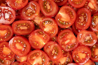 Dilimlenmiş Domates çemberleri. Yakın plan. Taze Mutfak Sebze Arkaplanı.