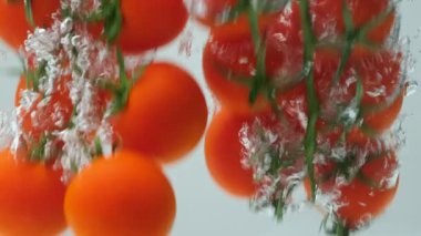 Domatesler suya düşüyor. Makro Su Sıçratma ve Baloncuklar.