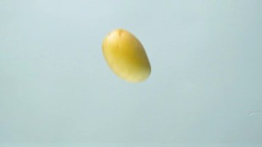 Taze organik soyulmamış patatesler suya düşer, su kabarcıkları, yavaş çekim.