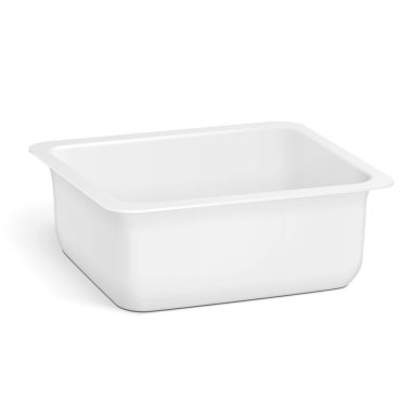 Beyaz Boş Stil Köpük Plastik Yemek Tabağı Kutusu Açıldı, Kapak. Beyaz arka planda izole edilmiş bir resim. Tasarımınız için şablonu hazırlayın. Vektör EPS10