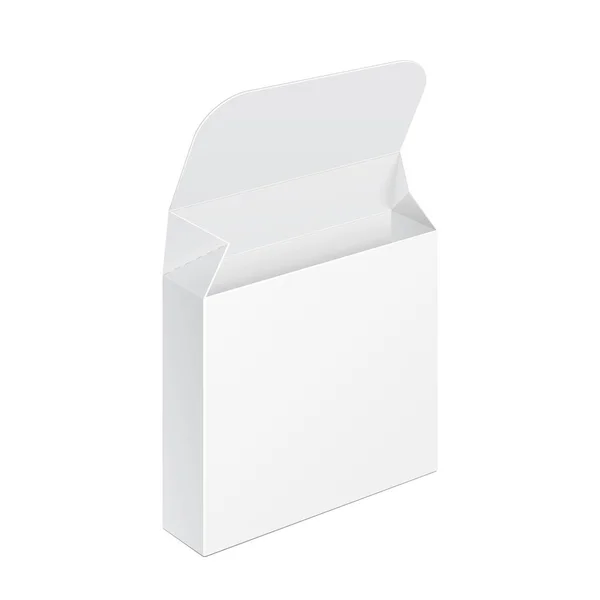 Mockup Λευκό Ανοιγμένο Κουτί Συσκευασίας Χαρτονιού Προϊόντων Εικονογράφηση Απομονωμένη Λευκό — Διανυσματικό Αρχείο