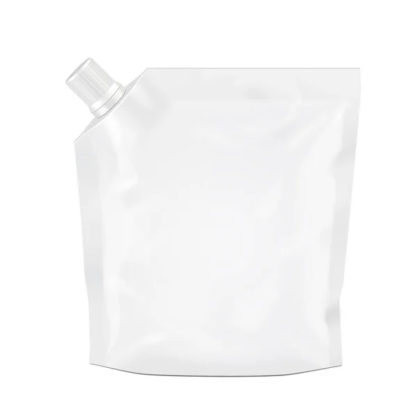 モックアップホワイトブランクドーイパック Doypack箔食品または飲料バッグ包装でコーナースプート蓋 白を基調としたイラスト テンプレートをモックアップあなたのデザインの準備ができました 製品梱包 — ストックベクタ