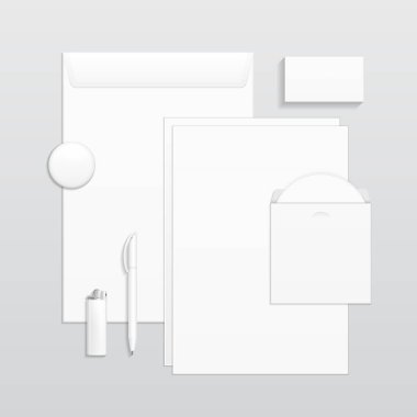 Set Of Corporate Identity And Branding Stationery Templates. Business card, Pen, CD, Envelope, Notebook, Lighter, Icon. Illustration On Gray Background. Mock Up Template Ready For Your Design. Vector
