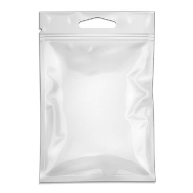Mockup White Blank Retort Foil Poşet Paketi Fermuarlı, Hang Slot. İlaç ya da Gıda Ürünleri. Beyaz arka planda izole edilmiş bir resim. Tasarımınız için Şablonu Hazırlayın.