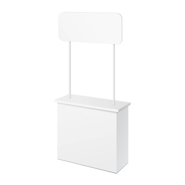 Mockup POS POI Boş Perakende Standı Oyalama Çubuğu Gösterimi Banner ile. Beyaz Arka plan izole edildi. Tasarımınız için şablonu hazırlayın. Ürün Paketleme Vektörü EPS10