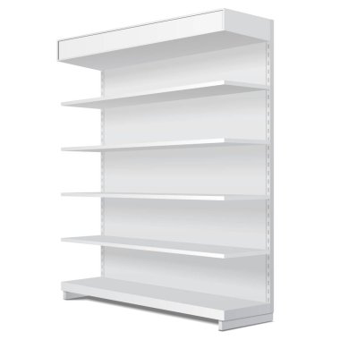 Mockup Blank Boş Vitrin Satış Raflarıyla Görüntüleme. Ön Görünüm 3 boyutlu. Beyaz arka planda izole edilmiş bir resim. Tasarımınız için şablonu hazırlayın. Ürün Paketleme Vektörü EPS10