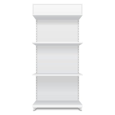 Mockup Blank Boş Vitrin Satış Raflarıyla Görüntüleme. Ön Görünüm 3 boyutlu. Beyaz arka planda izole edilmiş bir resim. Tasarımınız için şablonu hazırlayın. Ürün Reklamcılığı. Vektör EPS10