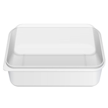 Mockup White Blank Boş Stil Köpük Plastik Yemek Tepsisi Kutusu, Lid ile kaplı. Beyaz arka planda izole edilmiş bir resim. Tasarımınız için şablonu hazırlayın. Vektör EPS10