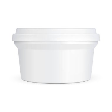 Mockup White Cup Tub Food Plastic Container For Dessert, Yogurt, Ice Cream, Sour Sream Or Snack. Illustration Isolated On White Background. Mock Up Template Ready For Your Design. Vector EPS10