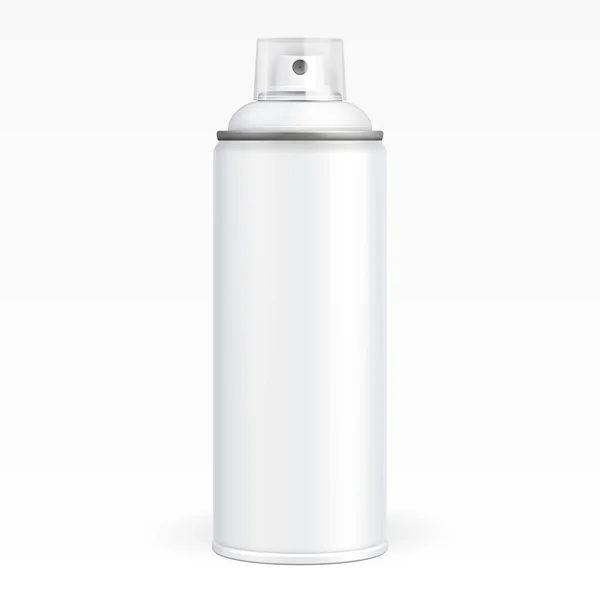 白の塗料エアゾール スプレー金属 ボトル缶 落書き 消臭剤 家庭用化学薬品毒します 正面から見た図 白い背景で隔離の図 あなたのデザイン テンプレートをモックアップします — ストックベクタ