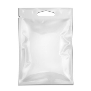 Mockup Blank, Retort Foil Poşet Paketi ile Fermuarlı, Hang Slot doldurdu. İlaç ya da Gıda Ürünleri. Beyaz arka planda izole edilmiş bir resim. Tasarımınız için şablonu hazırlayın. Vektör