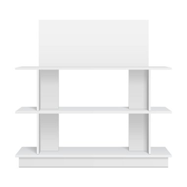 Perakende rafları olan süpermarket için Mockup Rack Showcase. Ön Görünüm 3 boyutlu. Beyaz arka planda izole edilmiş bir resim. Tasarımınız için şablonu hazırlayın. Ürün Reklamcılığı. Vektör EPS10