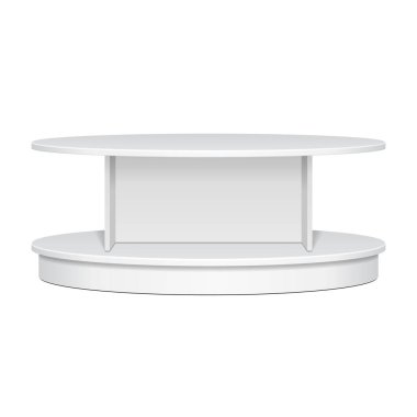 Süpermarket için Mockup Rack Showcase. Çember, Yuvarlak, Elips Perakende Rafları. Ön Manzara. Beyaz Arkaplanda İzole Edilmiş Resim Tasarımınız İçin Şablon Hazırlandı. Ürün Reklamcılığı.