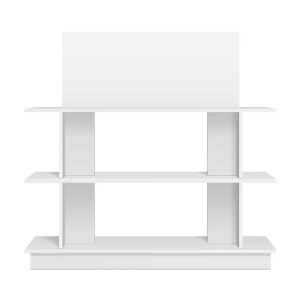 小売棚とスーパーマーケットのためのモックアップ表示ラックショーケース フロントビュー3D 白を基調としたイラスト テンプレートをモックアップあなたのデザインの準備ができました プロダクト広告 ベクトルEps10 — ストックベクタ