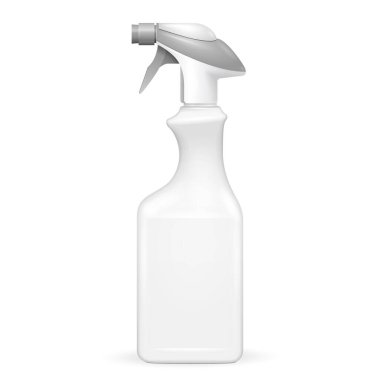 Mockup White Blank Spray Pistol Temizleyici Plastik Şişe. Beyaz arka planda izole edilmiş bir resim. Tasarımınız için şablonu hazırlayın. Vektör EPS10