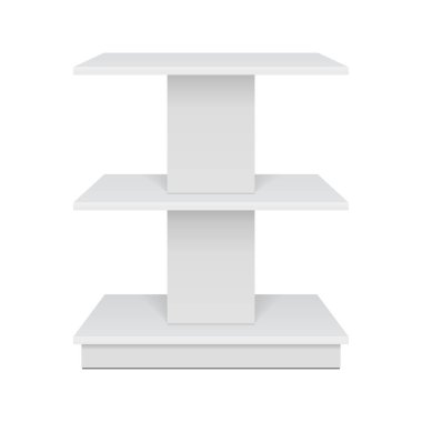 Mockup Square POS POI Zemin Vitrini Süpermarket için Rafları Rafları Göster Ön Görünüm 3 boyutlu. Beyaz arka planda izole edilmiş bir resim. Tasarımınız için şablonu hazırlayın. Ürün Reklamcılığı.